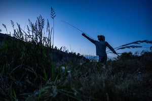 Person fishing at dusk with tall grass and a blue sky in the background